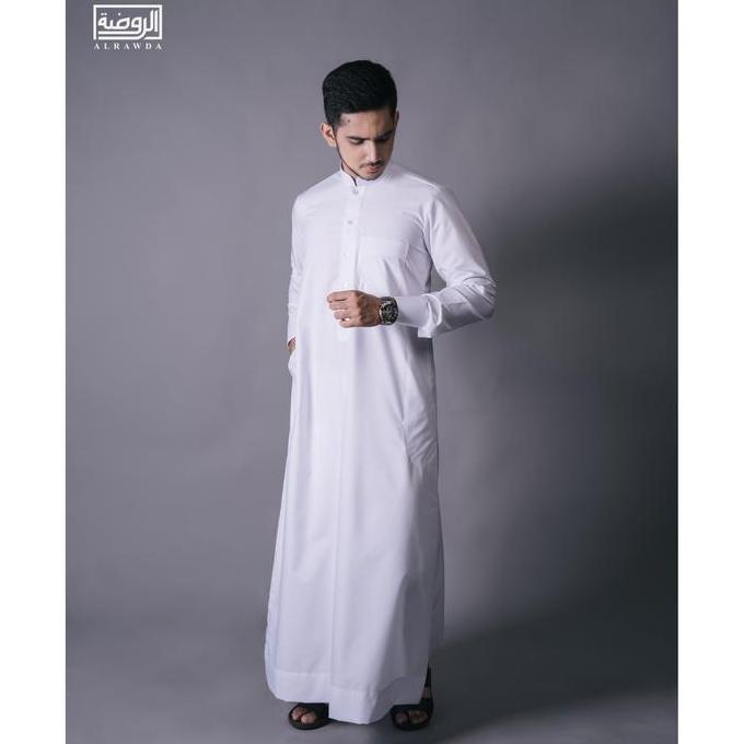 Alrawda By Alharamain Jubah / Gamis Pria Dewasa Slimfit Premium Series (1084) | Putih | Putih Tulang