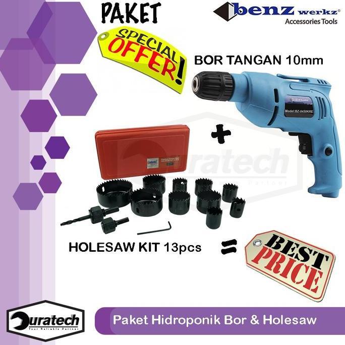 Promo Benz Werkz paket hidroponik mesin bor listrik 10mm keyless benz werkz dan hole saw set kit 13 