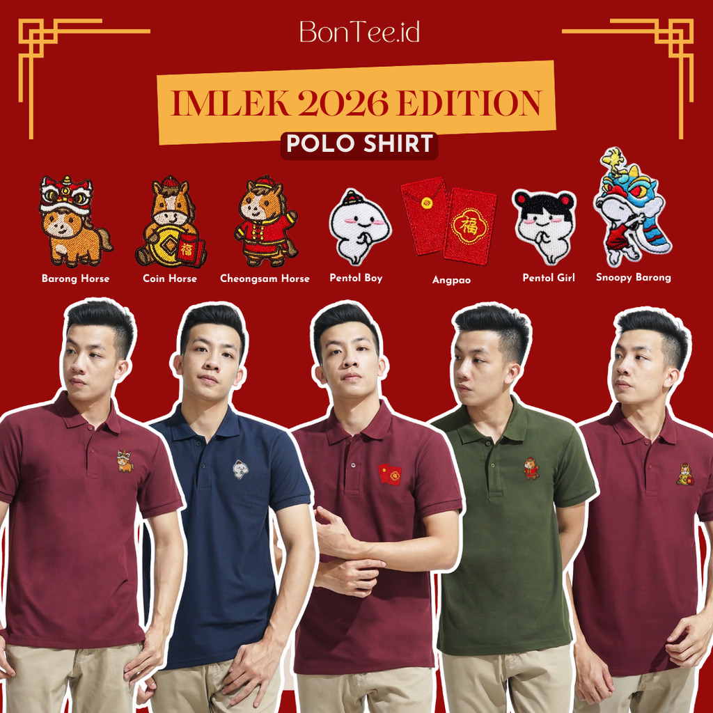 POLO - IMLEK 2026 EDITION - Baju Kaos Kerah Atasan Bordir Tahun Kuda Patch Motif Chinese New Year Pr