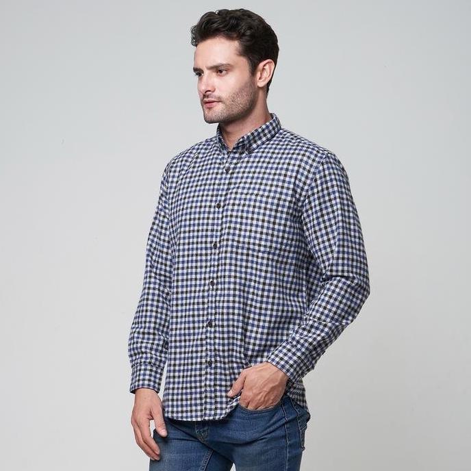 Kemeja Flanel Wool PETER NATION Basic Kerah Hh Panjang Regular Fit Biru - Baju, Navy