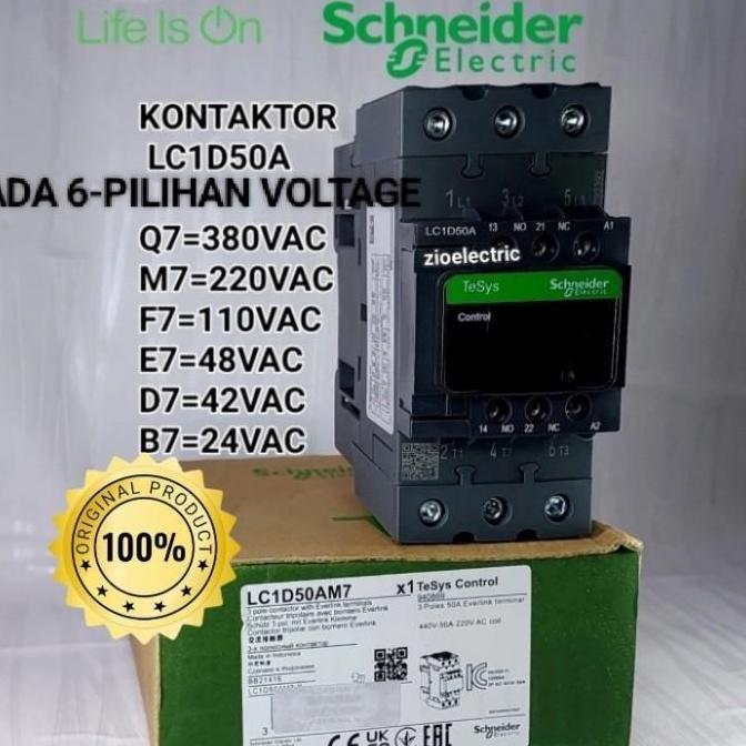 Contactor Schneider Lc1D50D7 42Vac 3P 80A Kontaktor Lc1D50Ad7 42V 3P Terbaik