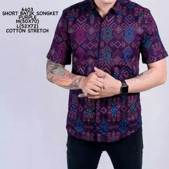 Kemeja Batik Songket Pria Lengan Pendek Ungu