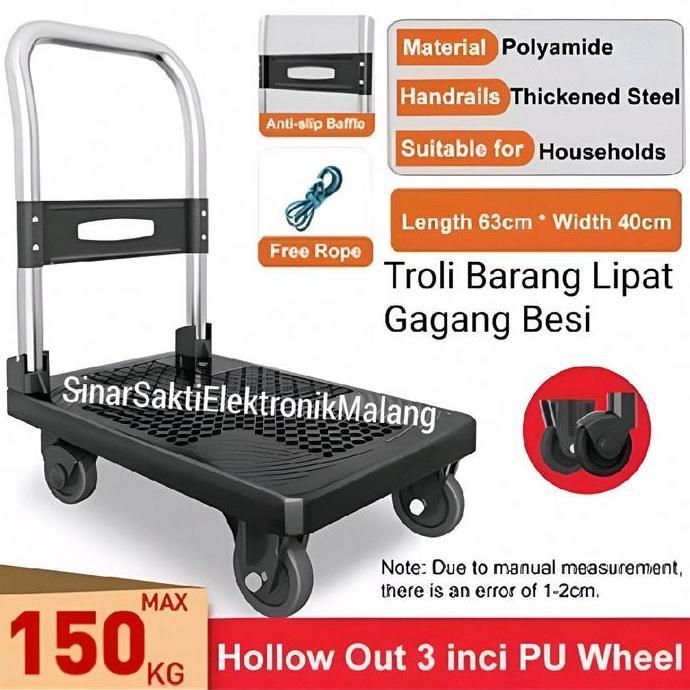 Troli Barang 150 Kg Lipat Gagang Besi 150Kg Troli Beroda Roda 4 Troly Barang Alat Angkut Barang Kere