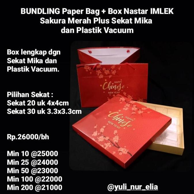 Blocke- Bundling Paper Bag + Box Nastar Imlek Sakura Merah Plus Sekat Mika