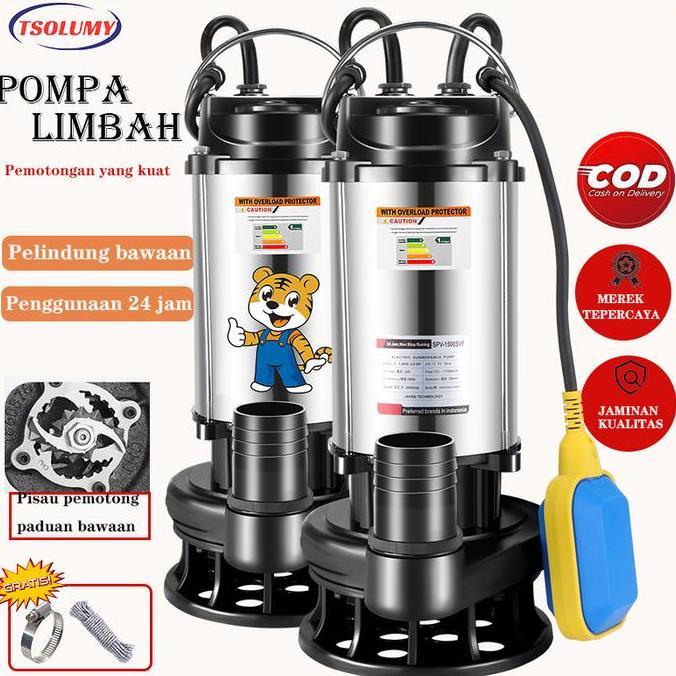 TSOLUMY Pompa Celup Air Kotor 370Watt Stainless Steel Pompa Penghisap Air Lumpur Mesin Pompa Air Cel