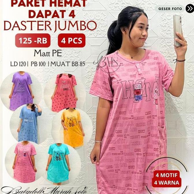 DISKON DAPAT 4 PCS DASTER JUMBO BAJU TIDUR WANITA LD 120CM, MUAT BB 85KG, BAHAN KAOS-BABYDOLL MURAH 