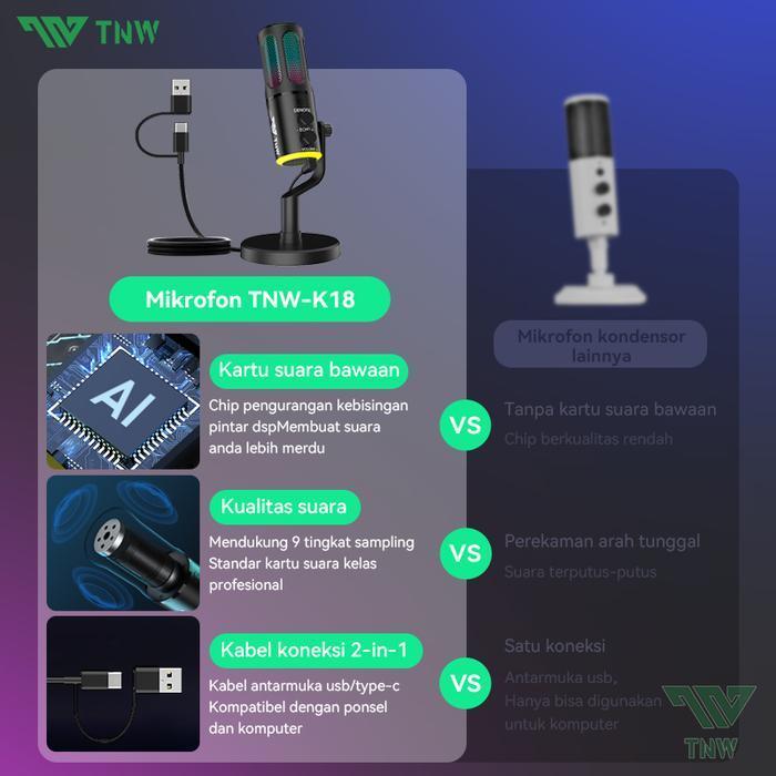 Tnw K18 Microphone Condenser Usb Type-C Mikrofon With Rgb Dynamic MicCondenser Zero Latency Untuk Pc