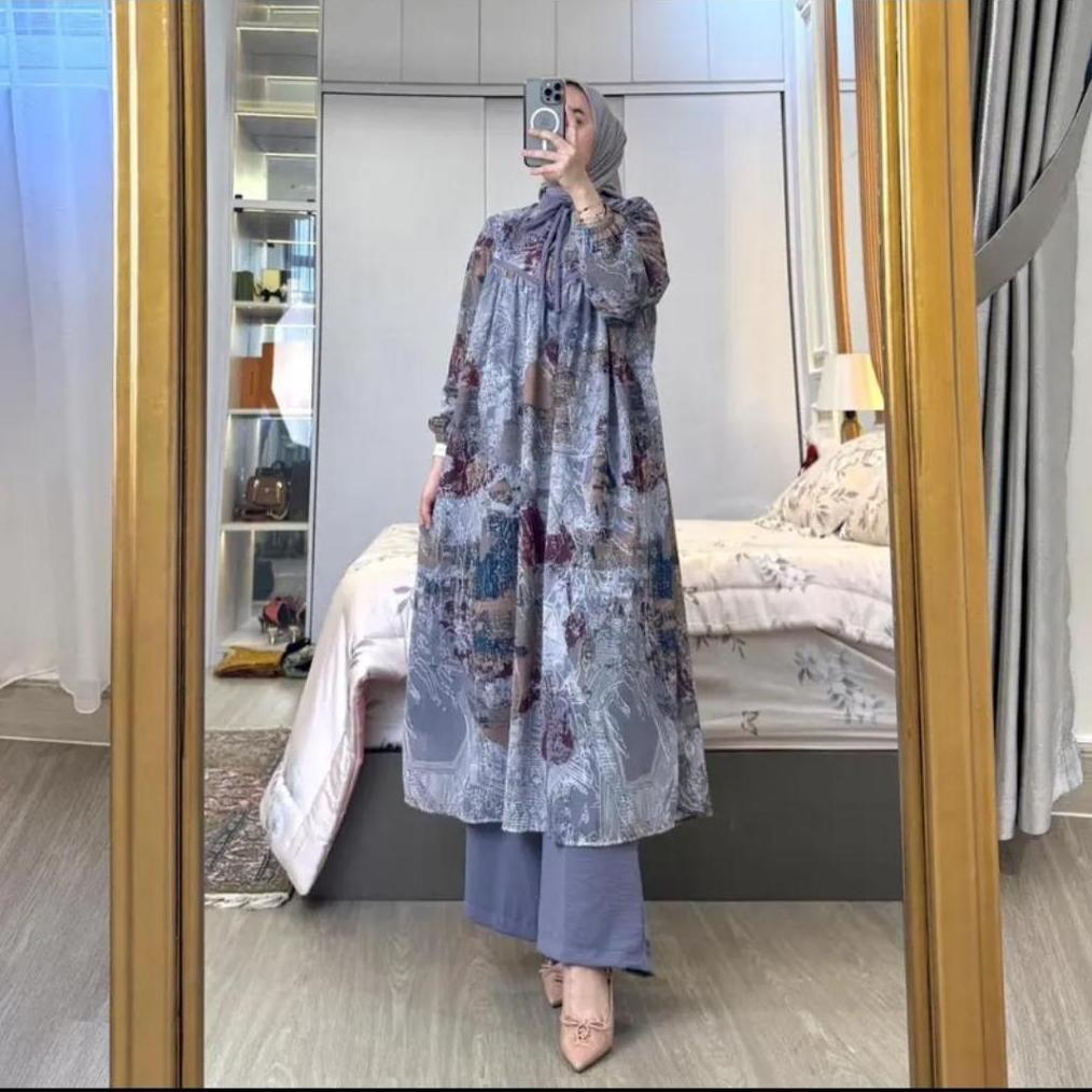 Murah !!! Oneset Long Tunik Wanita Hasna Setelan Kulot Wanita Setelan Long Tunik Panjang Full Furing