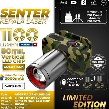 Violakanda7 - Senter Kepala Cahaya Maksimal Plus Rechargepro Dengan Usb-C, 6W Fokus Penyebaran Zoom 