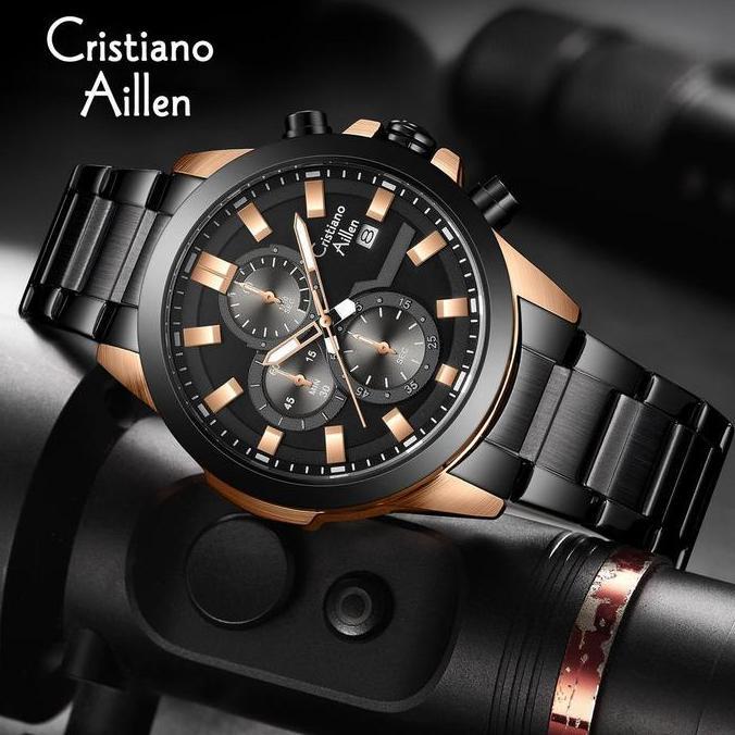 Cristiano Aillen Jam Tangan Pria 8892 Rantai Stainless Steel Chronograph Kaca Sapphire Water Resista