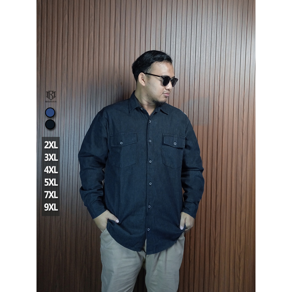 Baju Kemeja Jeans Pria Jumbo Lengan Panjang Terbaru 2026 Double Pocket