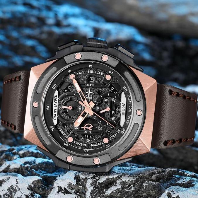 Evans Jayden Jam Tangan Pria 9547 Kulit Kaca Sapphire Chronograph Water Resistant 5ATM