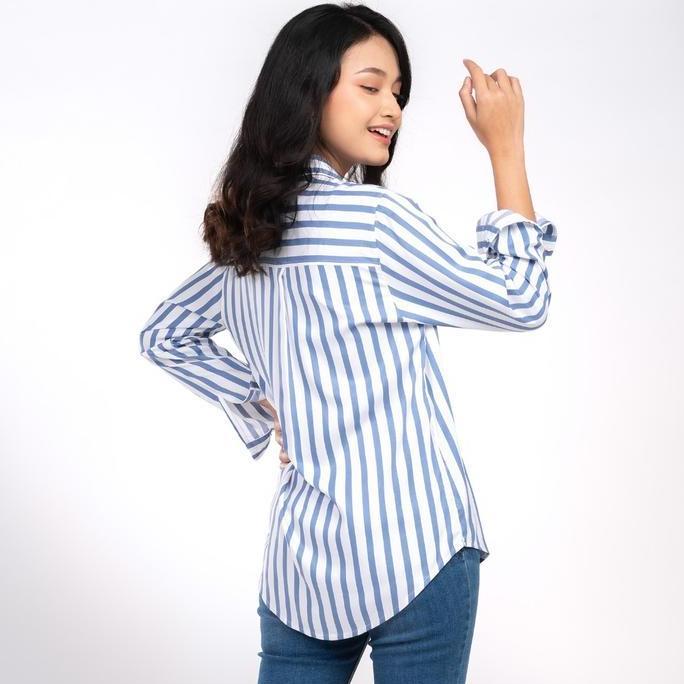 C2 Kuanzo Blue Kemeja Casual Wanita Lengan Panjang Motif Garis