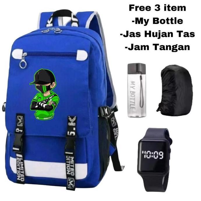 Tas Ransel Anak Cowok Gambar Streetwear Hijau + Free Botol, Jas Hujan & Jam Tangan - Tas Ransel Anak