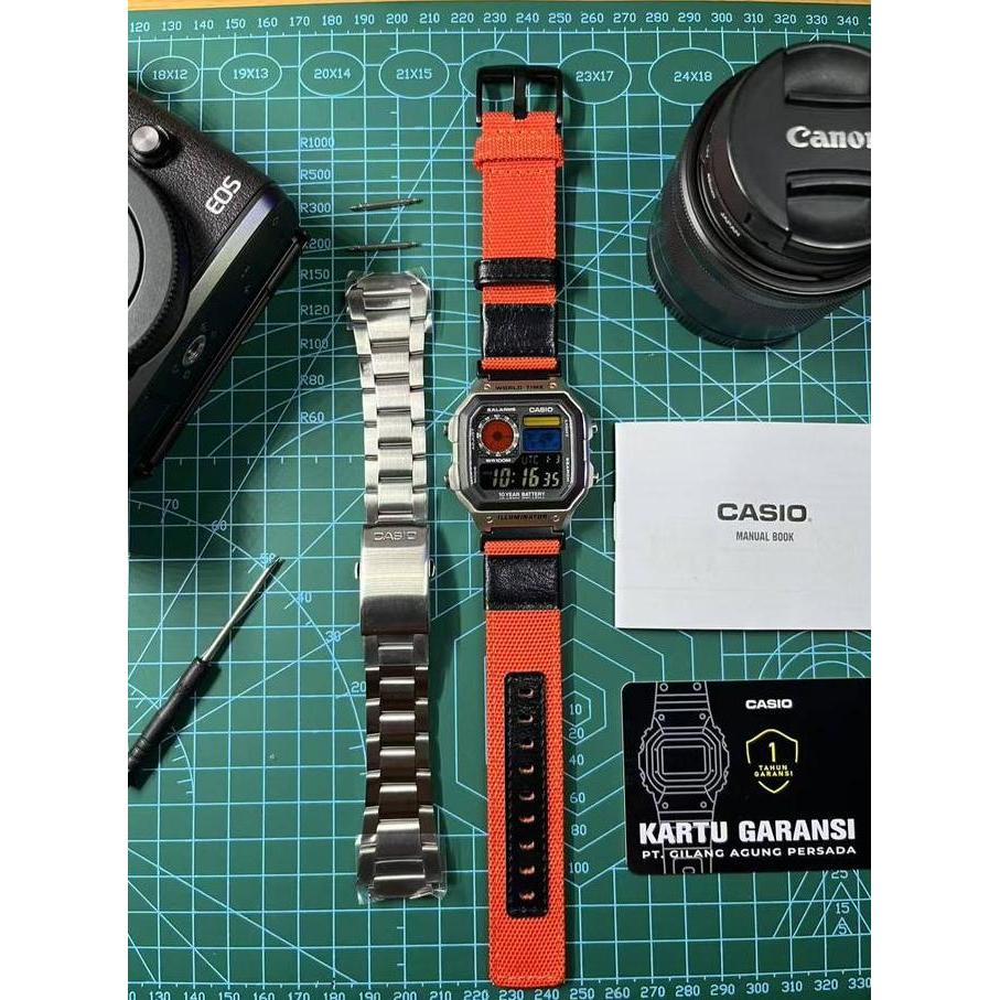Modified jam tangan pria Casio AE-1200, colorful polarised LCD, hydromod case and elastic nato strap