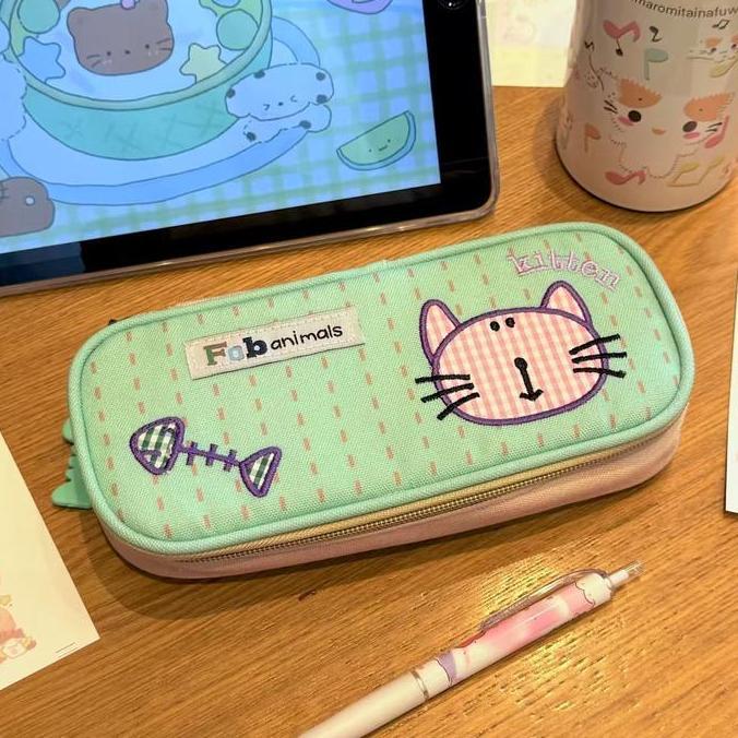 Tempat Pensil Bordir Kucing Zipper Charm Ikan Lucu Pencil Case Kotak Pulpen Tempat Makeup Storage Ba
