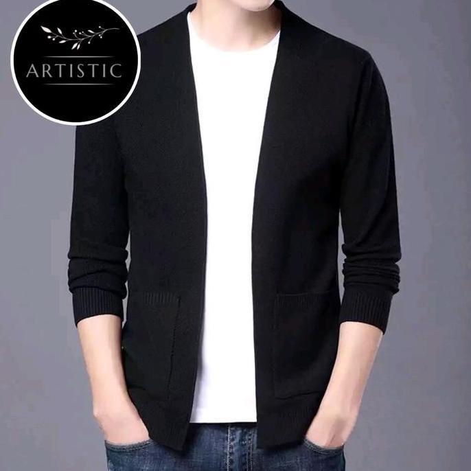 Sweater Cardan Cowok Keren Korean Style Knit Polos Kerah V-Neck Katun Rajut