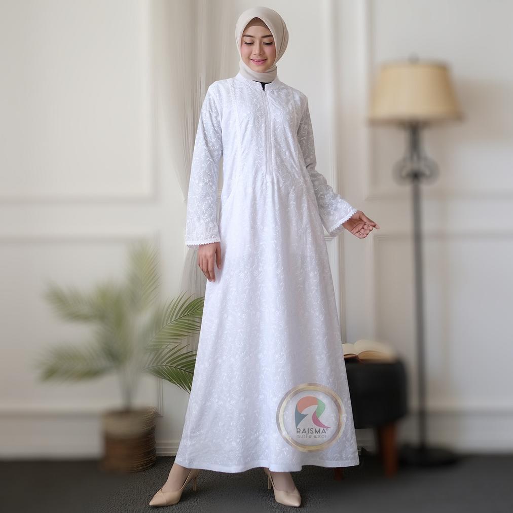 Raisma - Princess Baju Gamis Putih Wanita Katun Baju Lebaran Umroh Haji Busana Muslim Wanita
