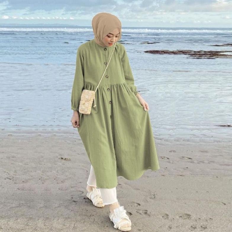 Meika midi dress cringkel airflow /dress putih wanita muslim kondangan
