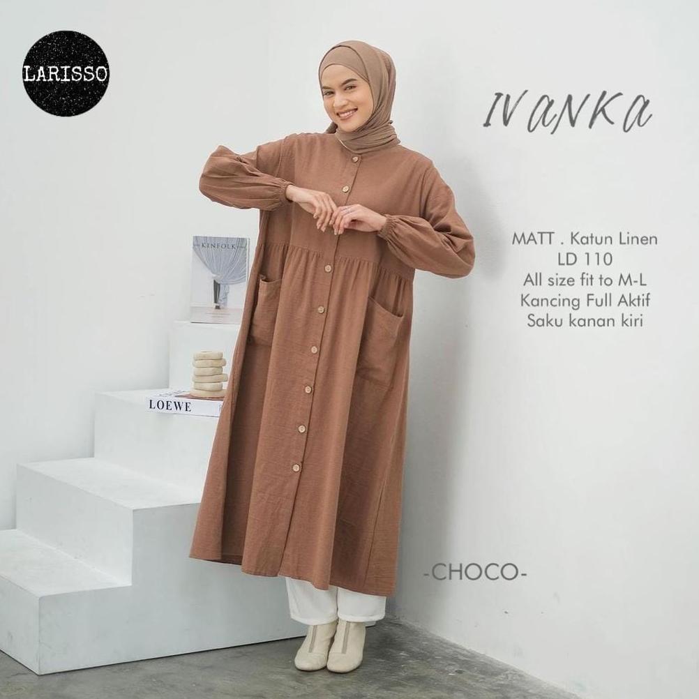 Midi dress gamis muslim full kancing saku depan linen / Canon Ivanka midi dress