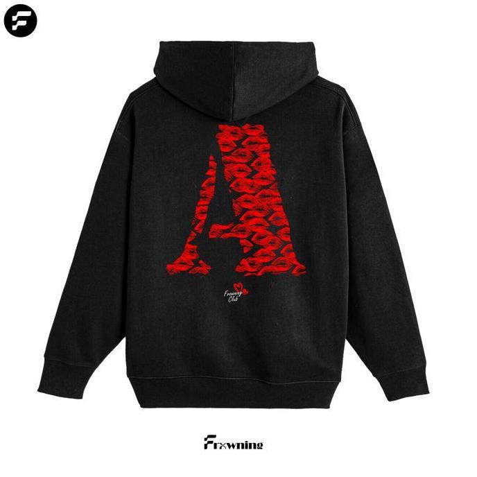 Frowning - Hoodie Kiss Huruf Inisial Nama - Custom Inisial Huruf - Bahan Baby Terry Hitam  - Sablon 