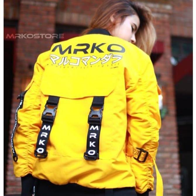 Jaket Bomber Unisex MRKO 095 Pria Wanita Warna Kuning Bahan Taslan