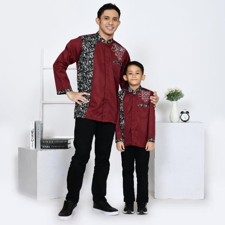BAJU KOKO COUPLE AYAH & ANAK (satuan) MOTIF MELATI MAROON KOKO BORDIR KOMBINASI TOYOBO