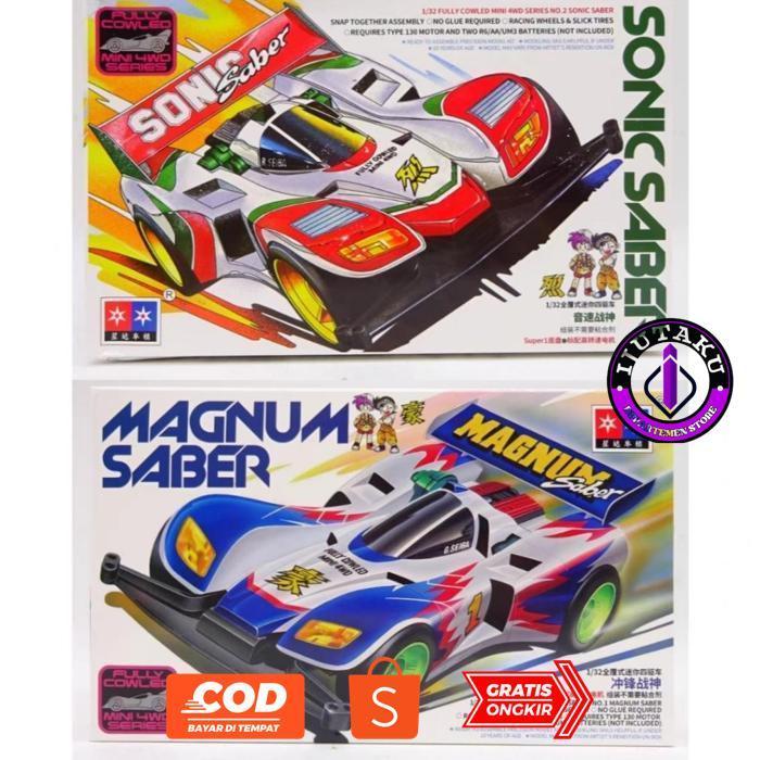 IJUTAKU MOBIL MAINAN REP, TAMIYA MINI 4WD MAGNUM SABER & SONIC SABER SUPER 1 CHASSIS MERK DAXING HEM