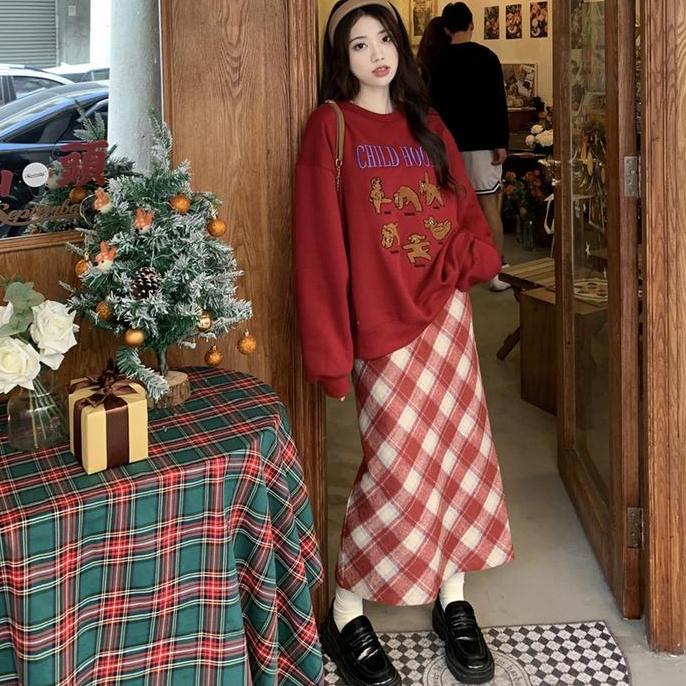 Rok Kotak-kotak Retro Pinggang Tinggi Temperamen Serbaguna Rok A-line Rok Midi Belahan Wanita Kulit 