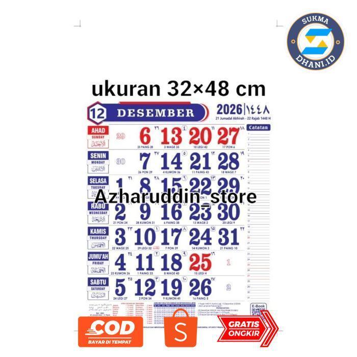 SUKMADHANI.ID KALENDER DINDING 2026 ORI PERCETAKAN MENARA KUDUS 12 LEMBAR HVS ANGKA BESAR ALMANAK TA