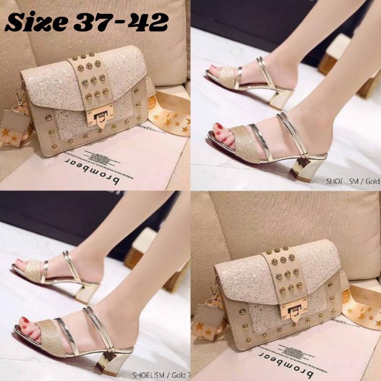 DIATA Paket Tas Dan Sandal Hak Tahu 2in1 Wanita Gliter Berkilau Sandal Heels Kondangan Mewah Elegan 