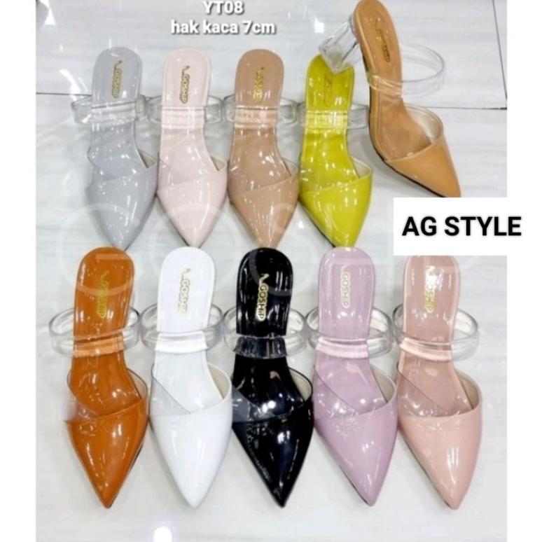 Sandal Wanita Heels Hak Kaca 7 cm Selop Bapau Mika Transparan JellySandal wanita/Sandal heels /Heels