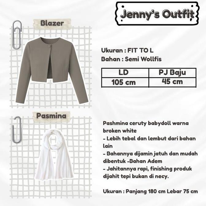 One Set Outfit Wanita Stylish ( Baju Blazer Crop, Celana Jennie Putih Panjang , Jilbab Pasmina Cerut