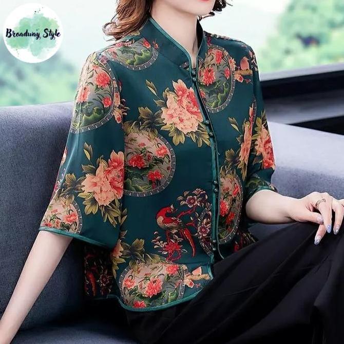 Cheongsam Red Merah Baju Atasan Wanita Blouse Lengan Panjang Imlek