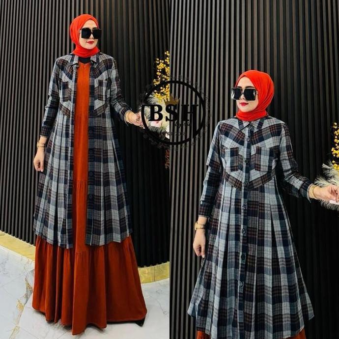 BSH by Ria Set Cardigan Gamis Piramid Bshop Katun Desain Kotak-Kotak Cantik Nyaman Panjang Forma Top