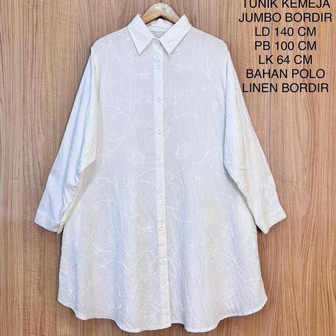 Tunik Kemeja Putih Jumbo Wanita Ld 140 Cm Motif Full Bordir Kekinian