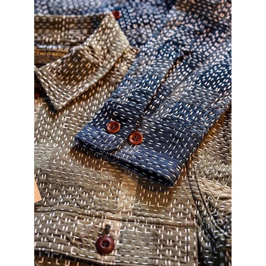 Studio DArtisan 5651 Noragi Sashiko Jacquard Work Shirts - Blue