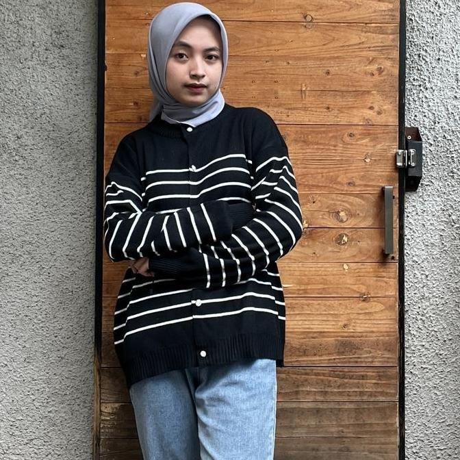 MAGRA Kardigan Rajut Eriska / Outer Rajut Wanita Stripe Hitam Putih Atasan Oversize Knitwear Cardiga