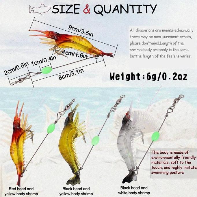 Sougayilang COD 12 Buah Umpan Pancing Menyala Dalam Gelap - Umpan Buatan Udang Lembut dengan Kait um