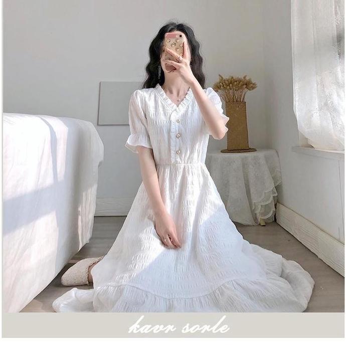 Xyxy- Missmoka Alice Midi Dress Flare Dress Kerah V Gaya Vintage Lengan Panjang/Pendek Putih