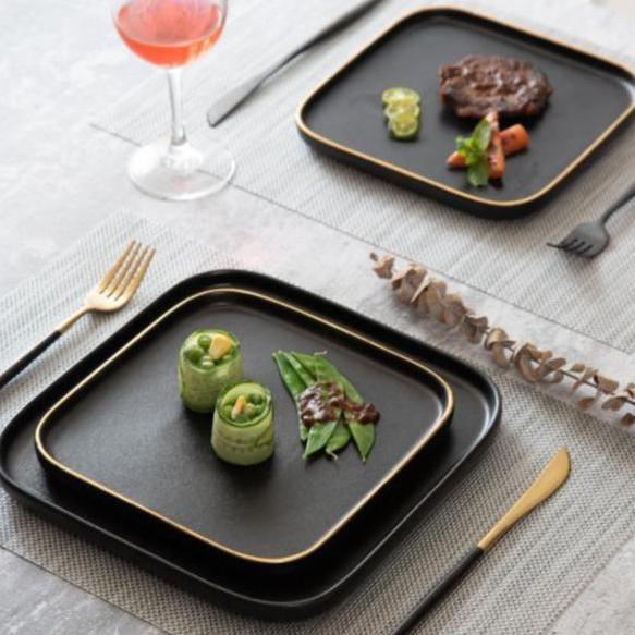 Terpopuler- Black Matte Square Gold Plate / Piring Saji Makan Steak Hitam Keramik Matte Kotak