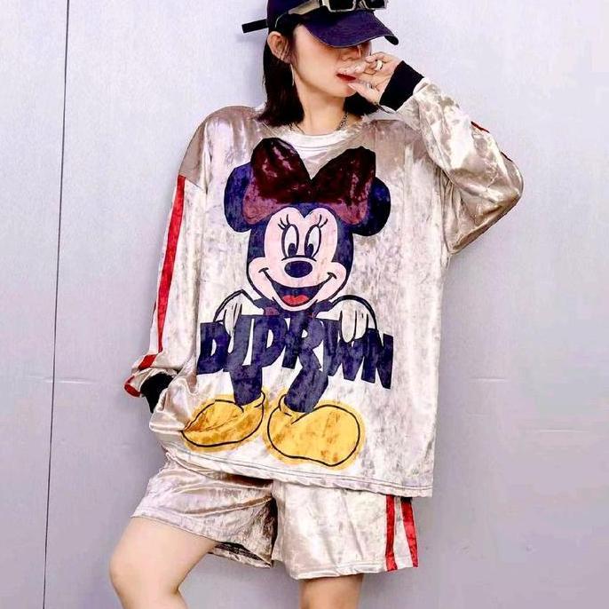 Sendtoday- Setelan Bludru Lengan Panjang + Celana Pendek Velvet Set