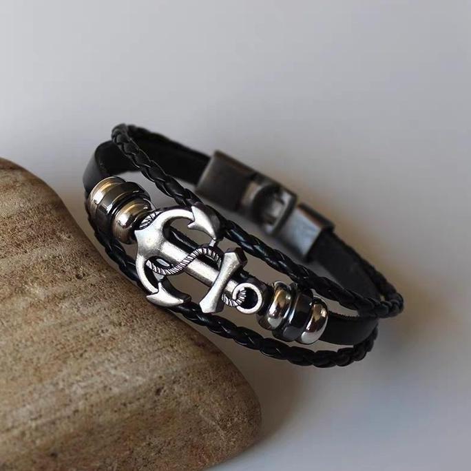 Cod,Bisa- Gelang Titanium Leather Kulit (21Cm) Anti Karat Anti Luntur Bracelets Elegan Pria Black