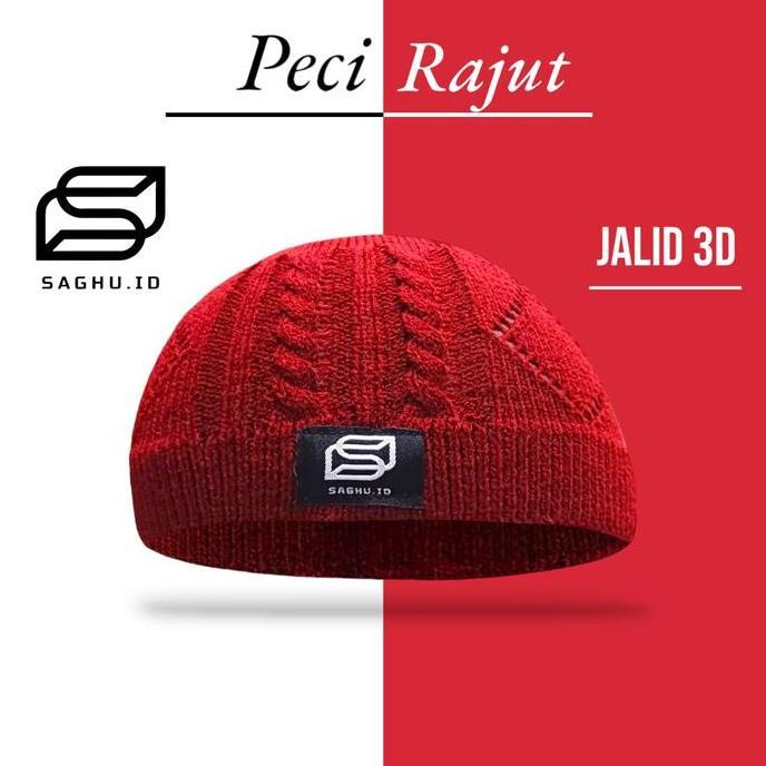 Uwouwo- Peci Jalid3D Rajut Handmade Tebal Beanie Pria Dewasa Saghu.Id Muslim Kopiah Songkok Motif Hi