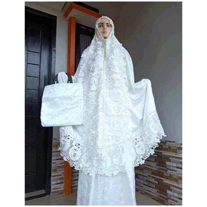 DISKON [FREE BABY GOLD] MUKENA SUTRA PARIS RENDA MAWAR PUTIH SENADA[COD]