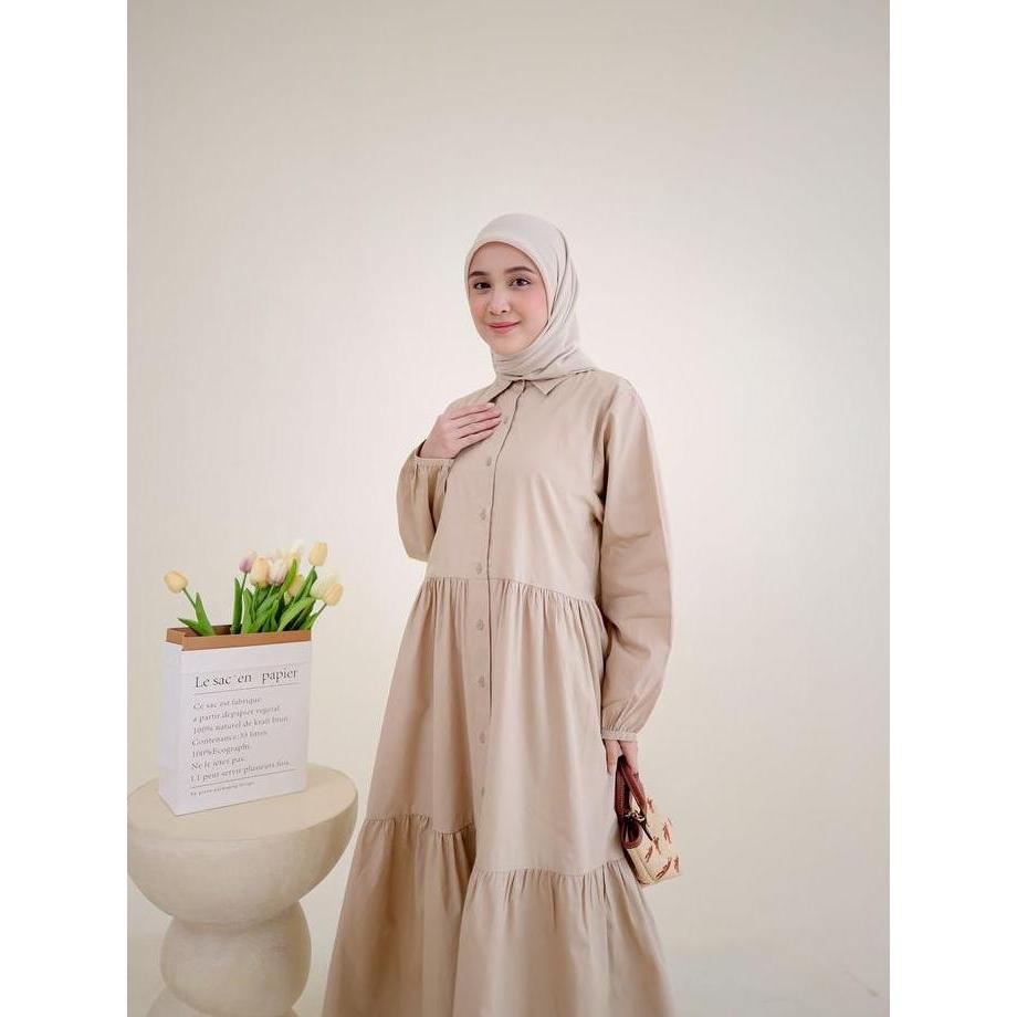 Promo Aneska Midi Dress Kheva Mauza - Gamis Polos Wanita Model Kancing Poplin