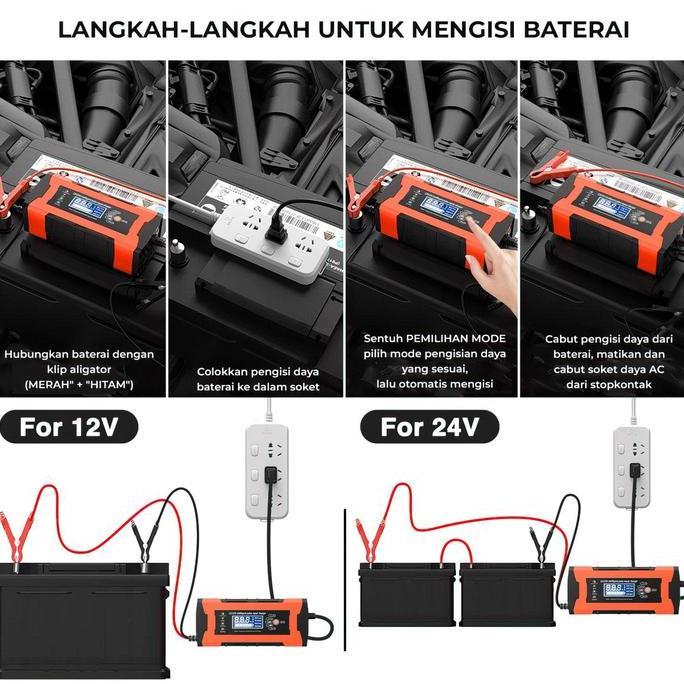 Charger Aki Otomatis 12V-24V 10A Charger Aki Portable LCD Indikator Cas Aki - 12V24V-10A