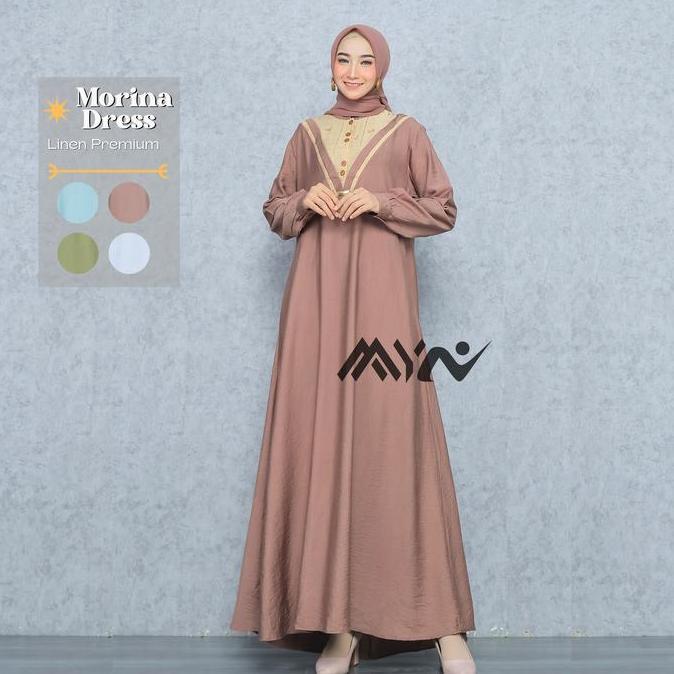 Gamis Polos Morina Bahan Katun Linen Premium Model Mewah Terbaru Murah - MYN Executive Biru Hijau Mu