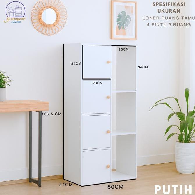 Allo- Loker 4 Pintu 3 Ruang Minimalis Putih - Rak Buku & Penyimpanan Multifungsi - Lemari Dinding Ka