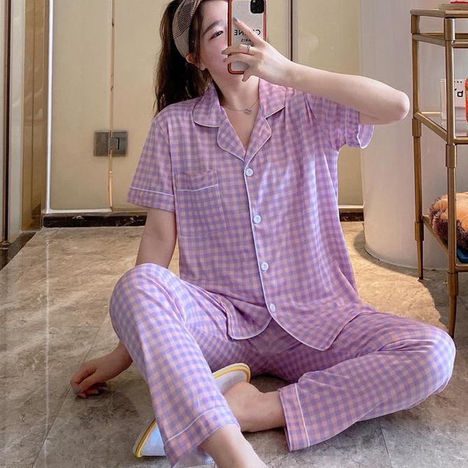 La Survie Baju Tidur Wanita Dewasa Piyama Set Kekinian Model Kemeja CP Seri Kotak